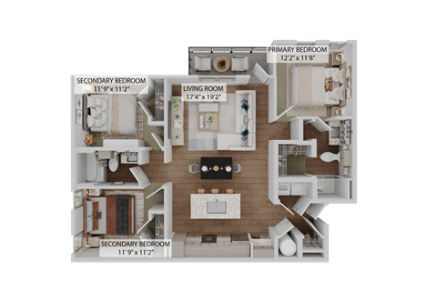 Floor plan for 3 beds, 2 baths, 1369 sqft